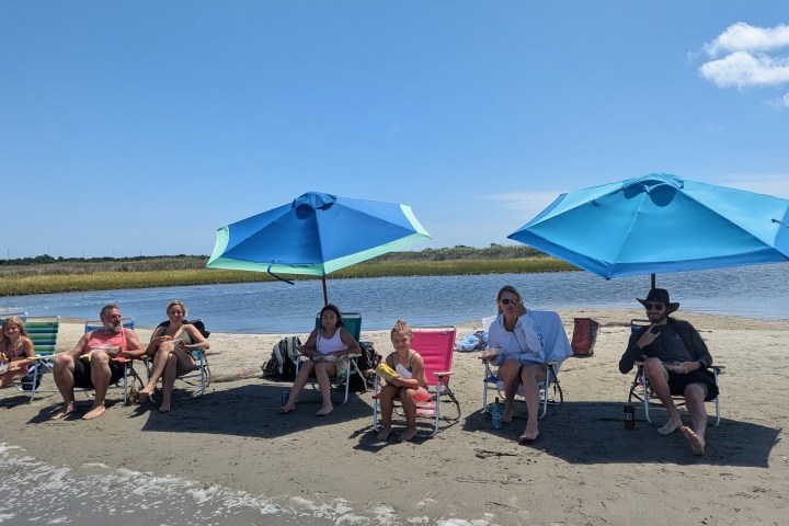 People seated under blue umbrellas on a sandy beach by the water.