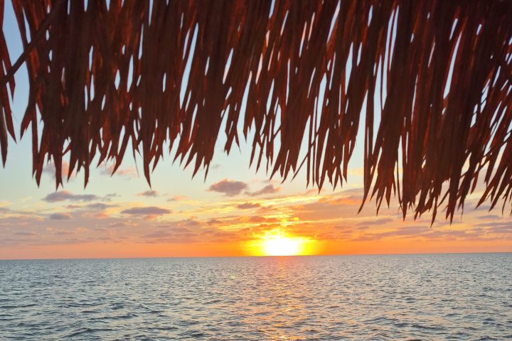 Sunset over ocean with straw roof silhouette in foreground.