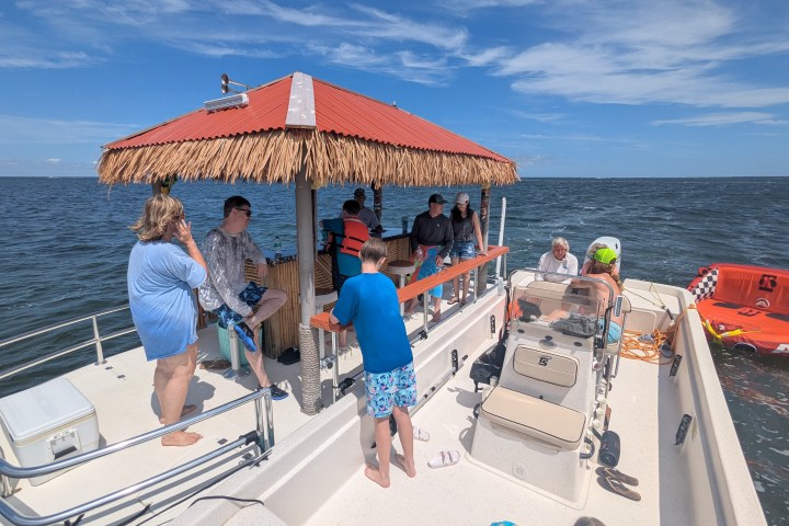 People relaxing on a boat with a tiki bar roof, floating on open water.