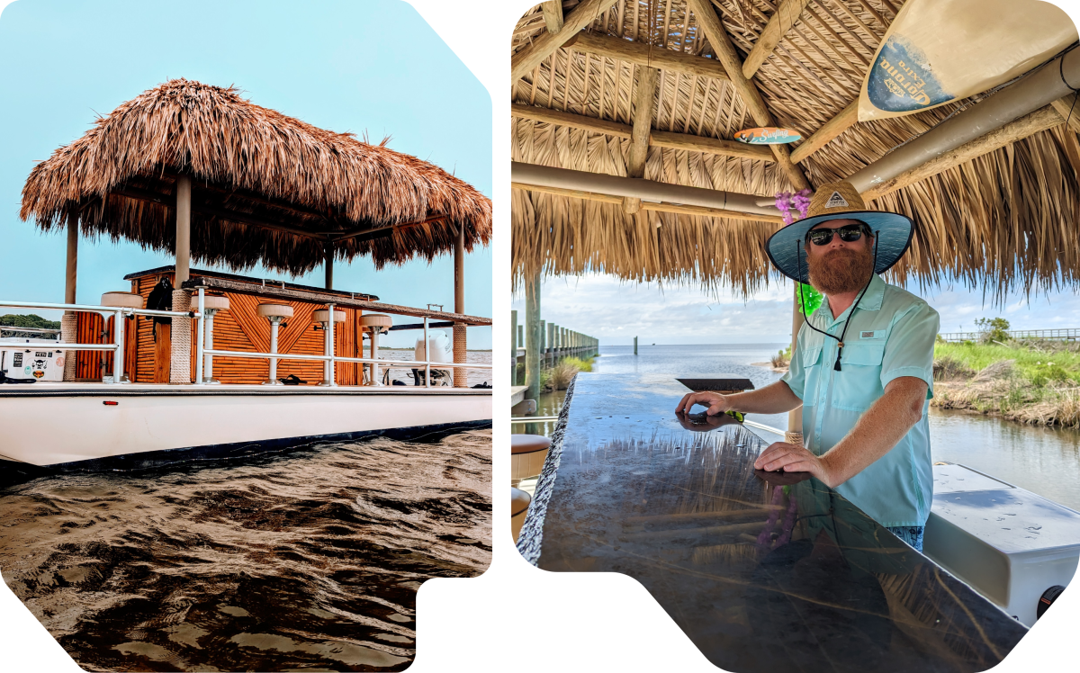 Left: Tiki bar boat on water. Right: Man at bar under thatched roof with palms, wearing a hat and sunglasses.