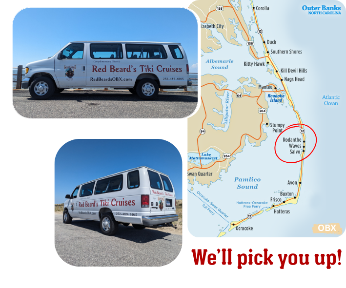 Van labeled 'Red Beard's Tiki Cruises' and a map of Outer Banks with highlighted area.