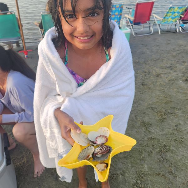 Child holding seashells in star-shaped container by the beach.