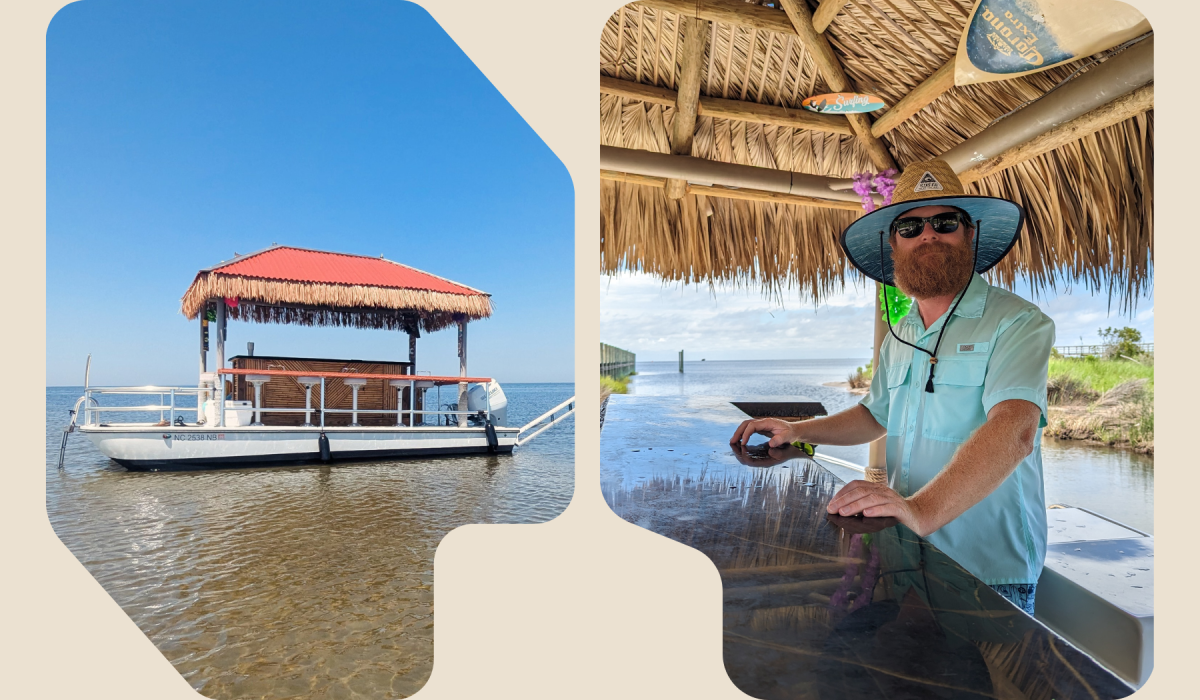 Floating tiki bar on water and person standing under thatched roof with hat.